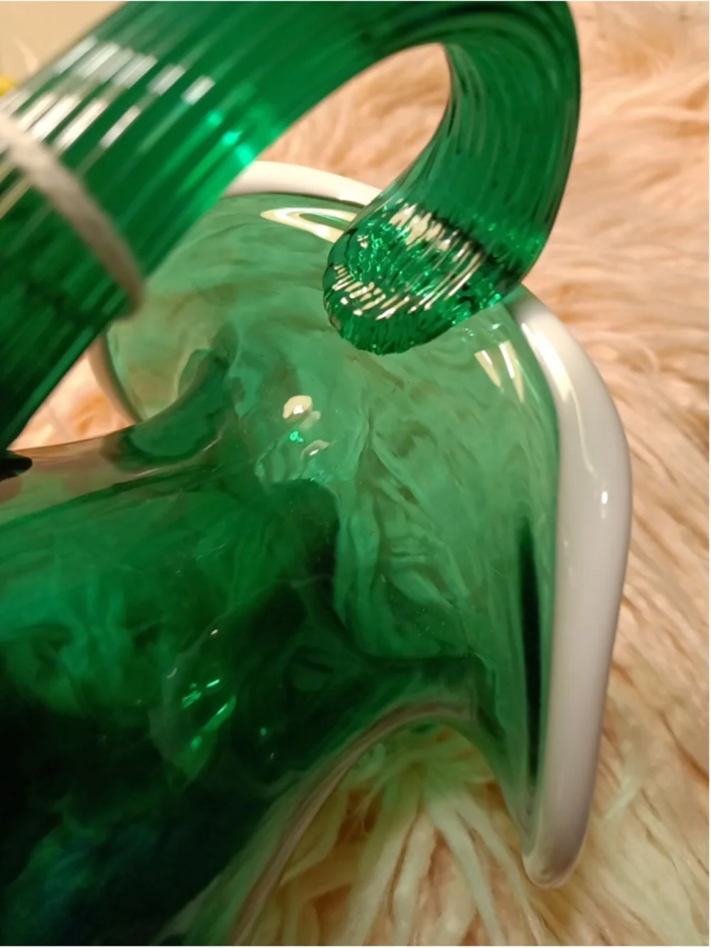 Fenton Emerald Green Snow Crest Glass Reed Handled Ruffle Pitcher handmade USA